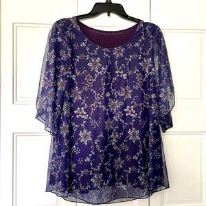 Women's Blue Flower 3/4 Length Sleeve Chiffon Blue, Size M
